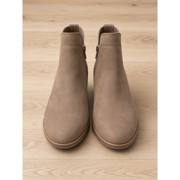 MIA Shoes - MIA Womens Taupe Faux Suede Ankle Booties Side Zip Stacked Block Heel Size 6.5